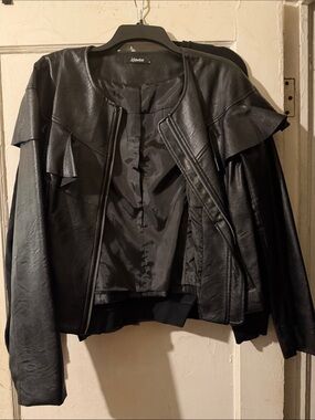 Kensie Black Faux Leather Ruffle-Trim Jacket